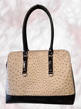 Faux Ostrich Cream and Black Satchel Handbag